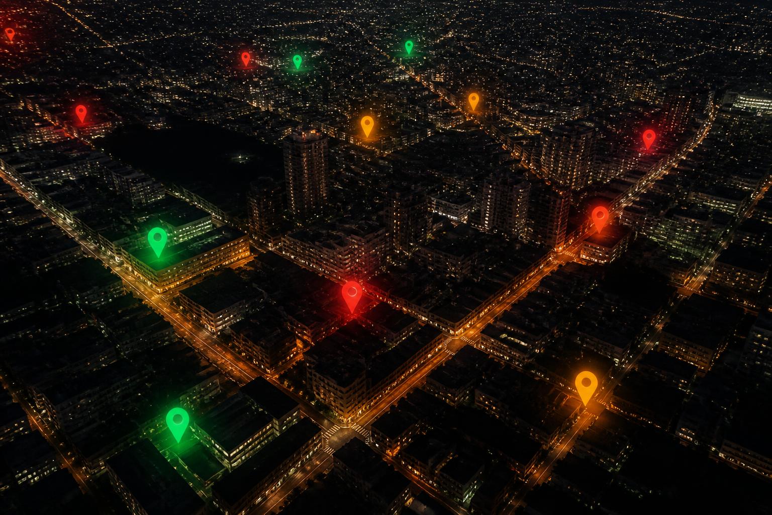 Vista aérea noturna de uma cidade com marcadores vermelhos, amarelos e verdes sobre as ruas